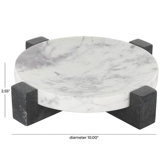 10" x 10" White with Black X-Shaped Base Marble Geometric Round Tray